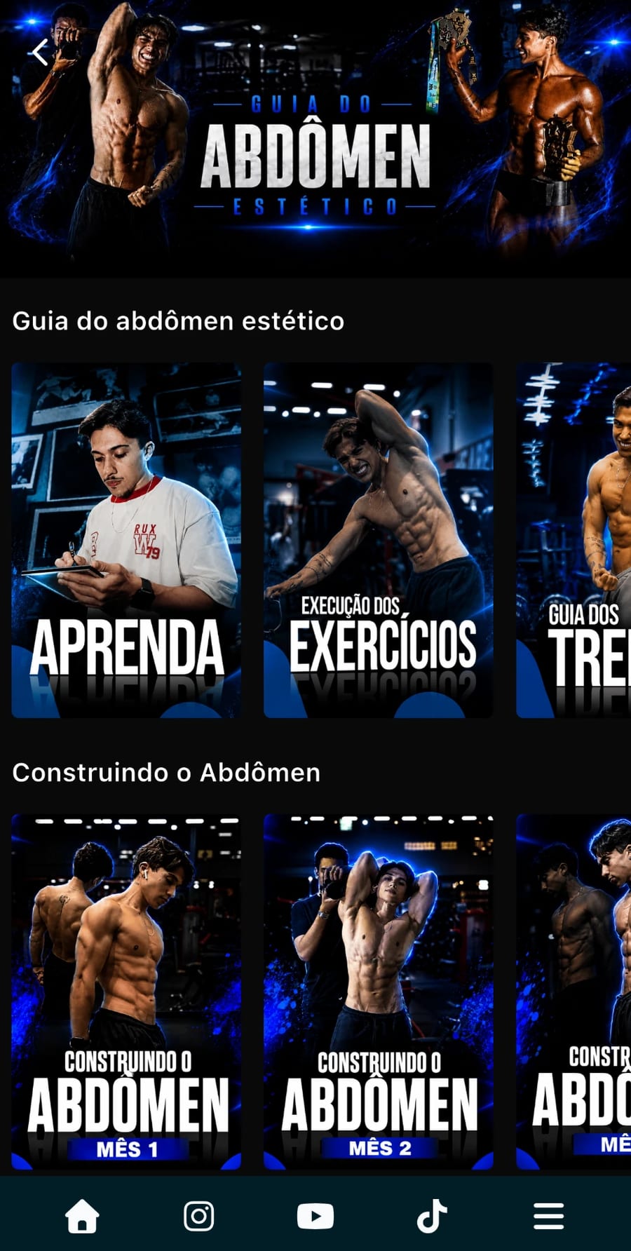Área de membros no celular, com os módulos Aprenda, Execução dos Exercícios e Construindo o Abdômen